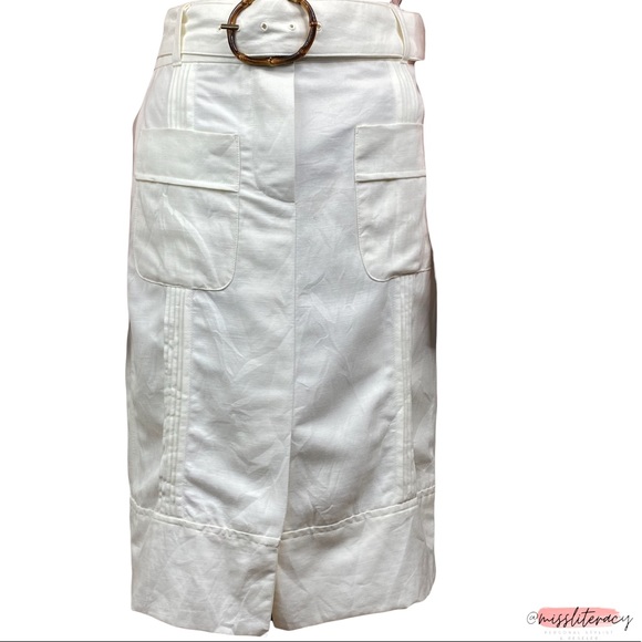 Zara Women’s White Cotton Linen Belted Pleated Midi Skirt with Pockets + Slit S - Picture 2 of 13